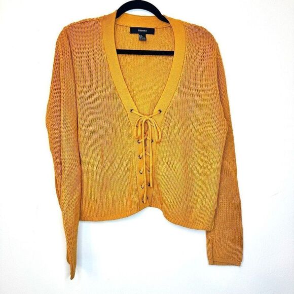 Forever 21 Long Sleeves Knit Caged Lace Up Mustard Cardigan Sweater Large - Picture 1 of 3
